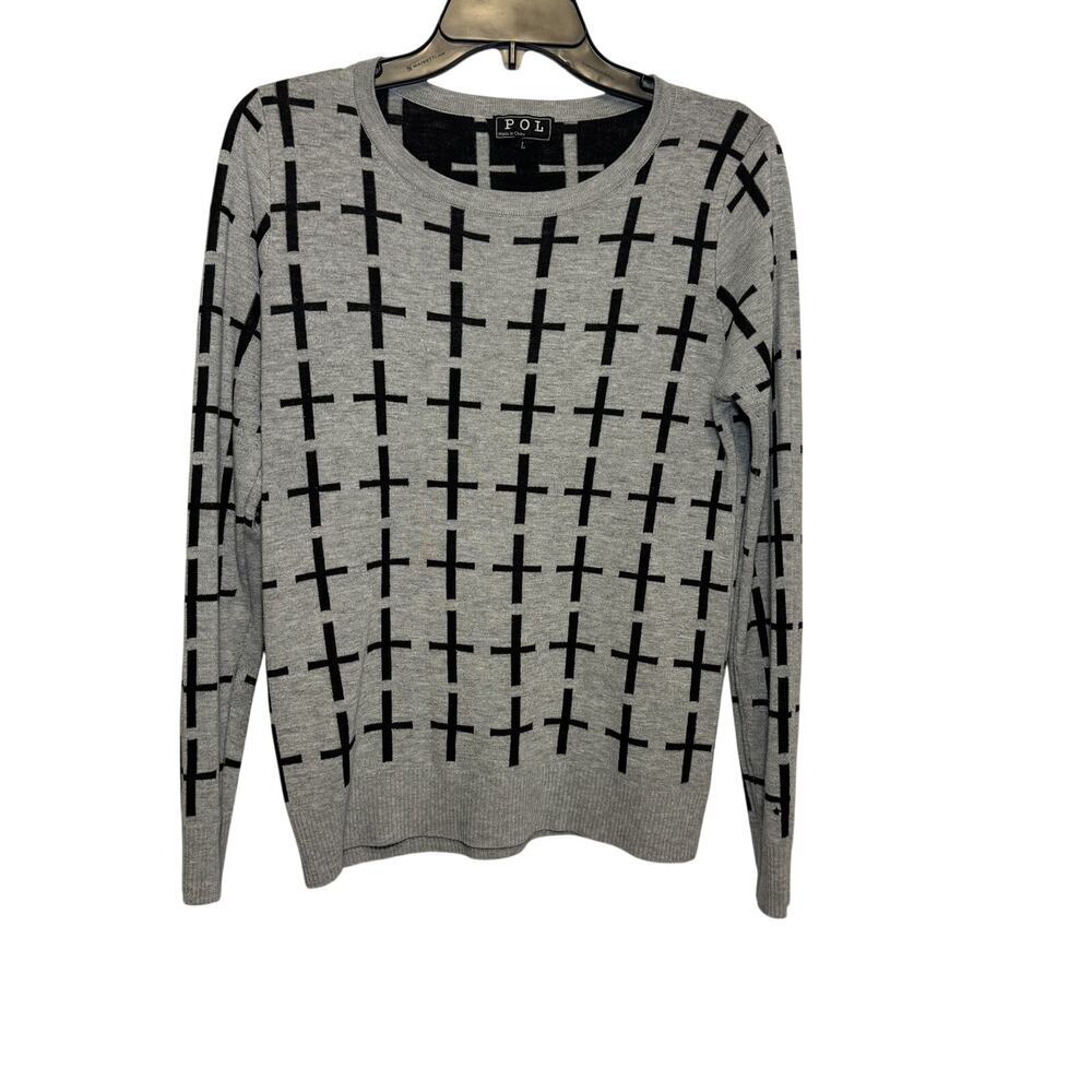 POL Women's gray & black cross pattern crewneck pullover sweater‎ Size L